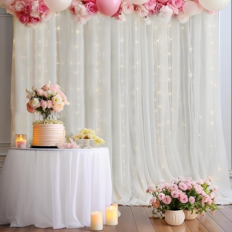 White Sheer Backdrop Curtains W/ String Lights Weddings Parties Events Decor New