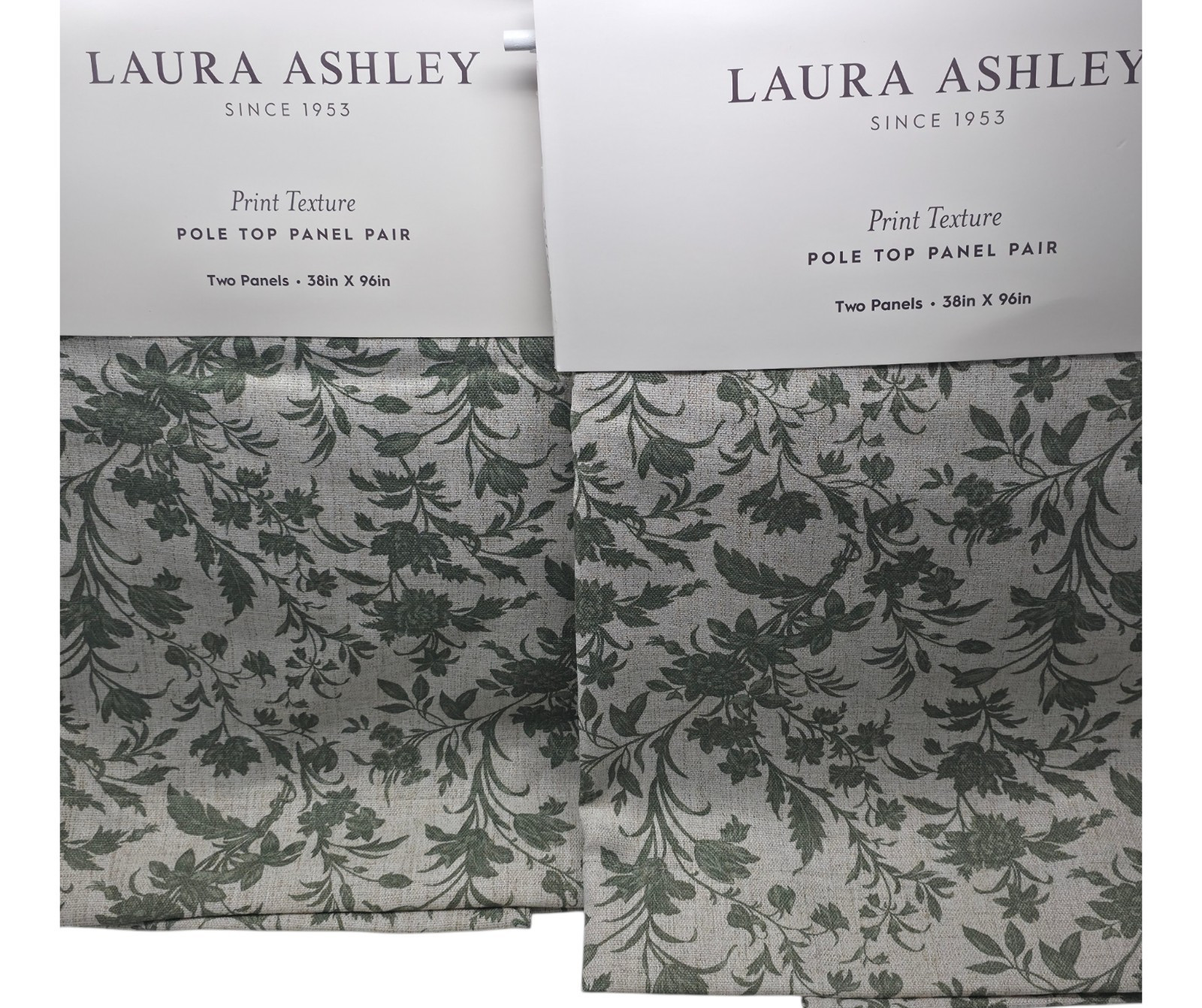 Laura Ashley Floral Print Texture Curtain Panels 38×96 Green Linen Blend Set 4