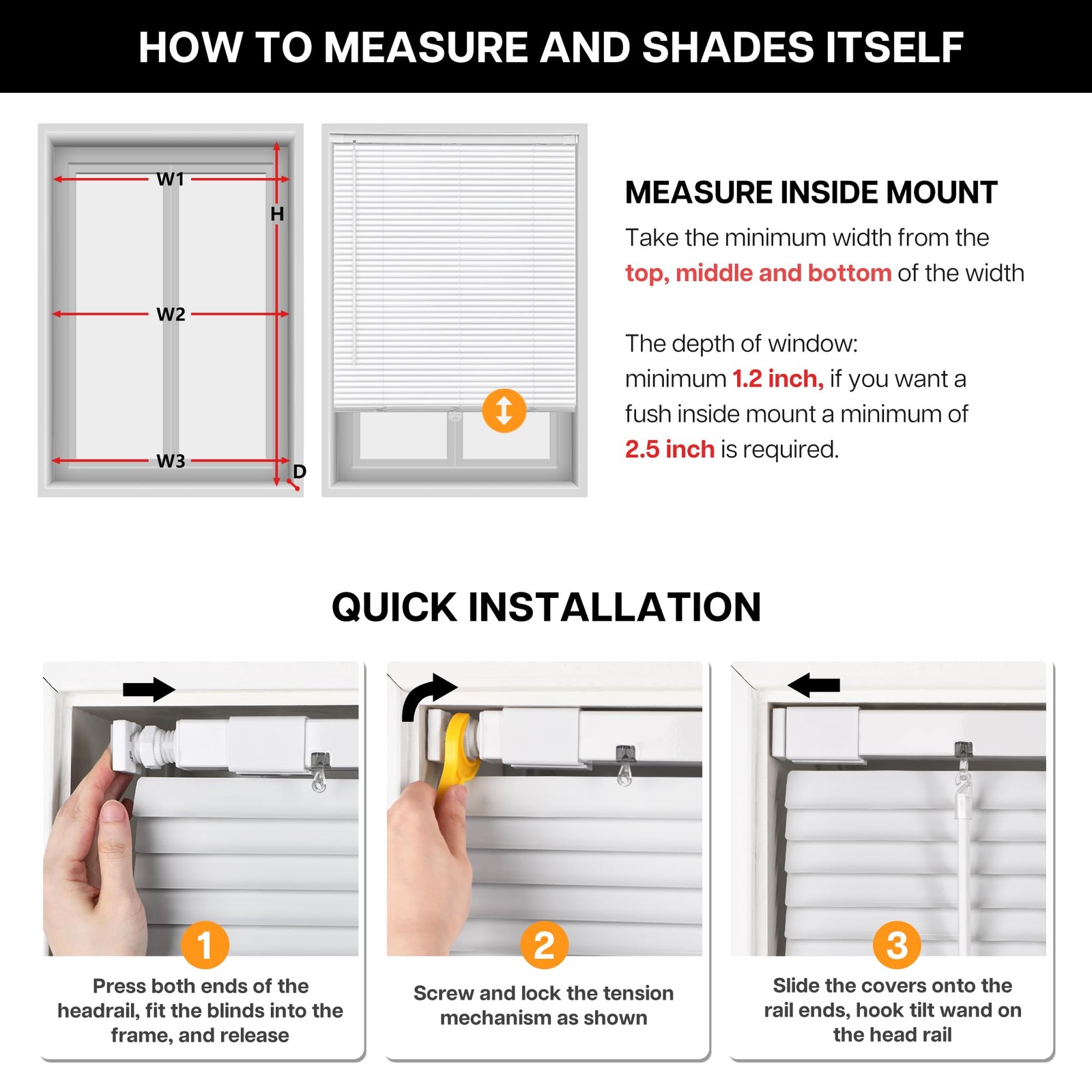 No Drill Cordless Mini Blinds, White 29″x48″