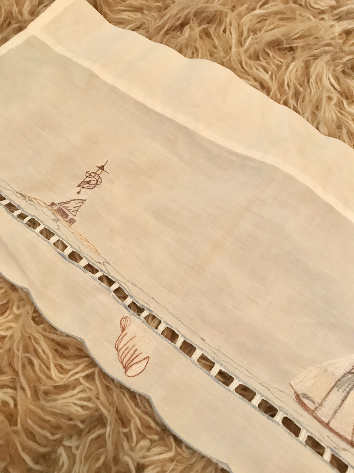Lighthouse Nautical Valance white /blue embroidered 12”x 58” Seashore Scallop