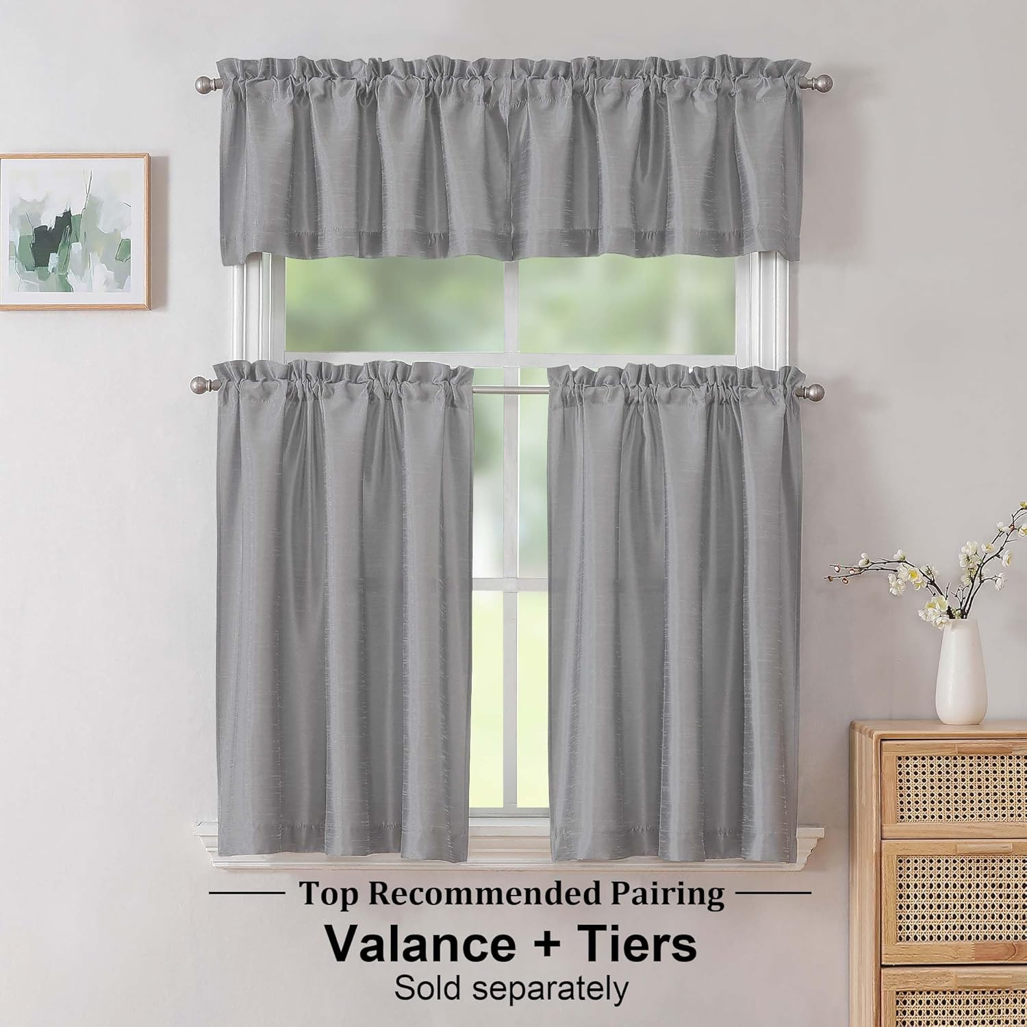 Uptown Silver Gray Kitchen Curtains 30 Inch Length, Room Darkening Faux Silk Slu