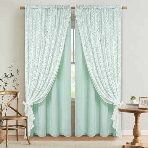 Linen Curtains for Bedroom 52″W x 63″L (Pack of 2) Mint Green Light Filtering