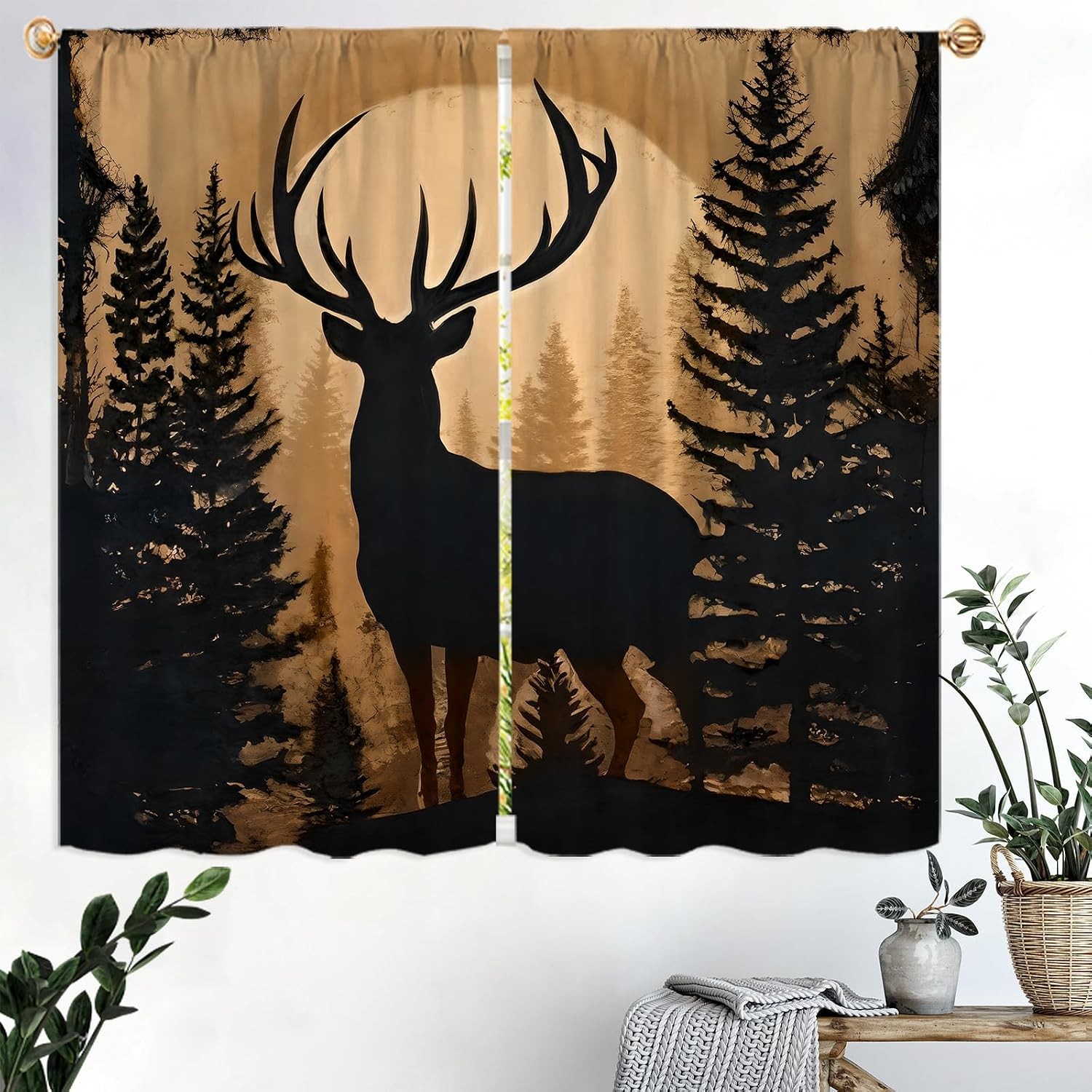 Forest Theme Rustic Deer Pine Kitchen Curtains Country Vintage Retro Cabin Lodge