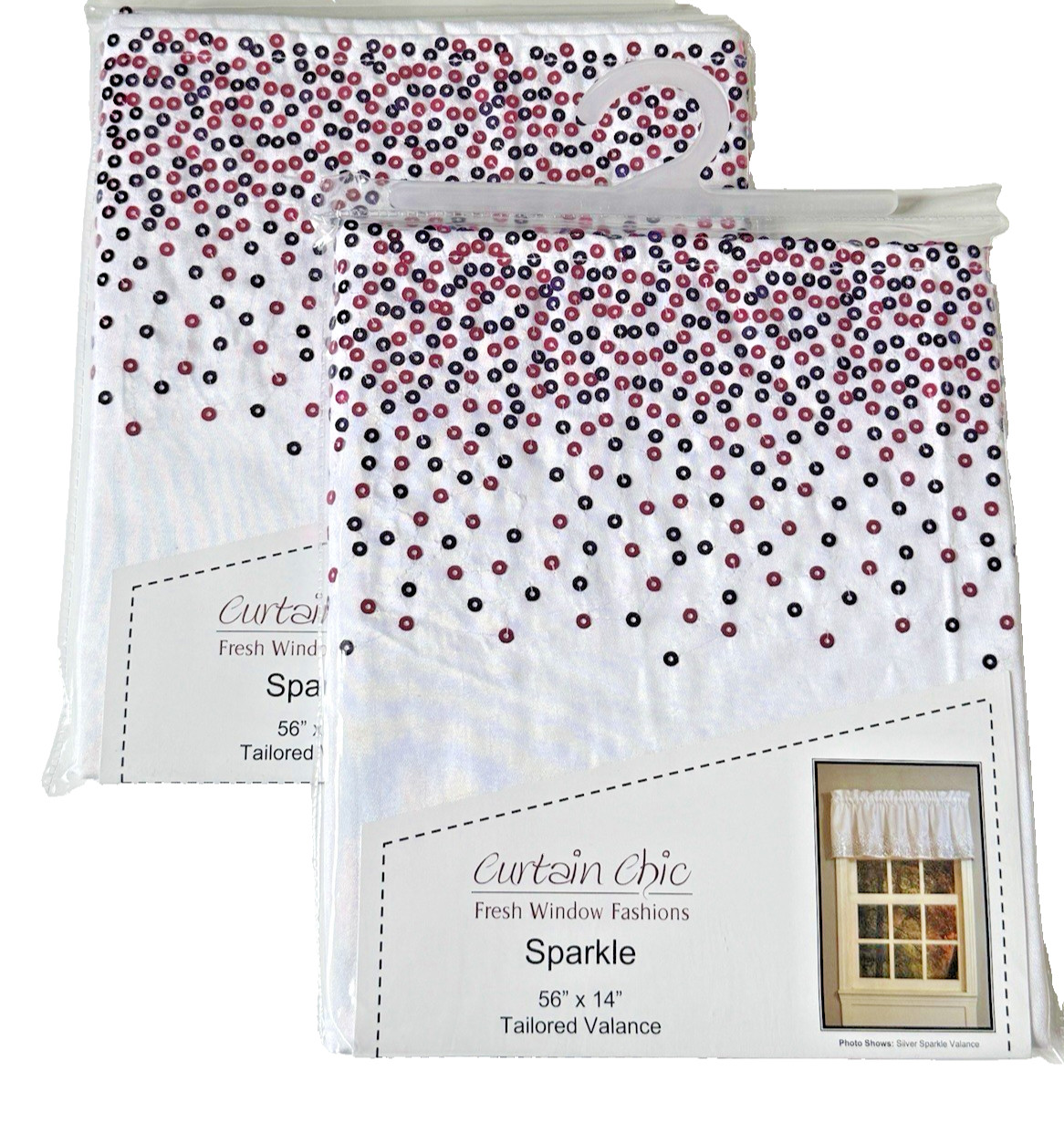 Curtain Chic Sequin Sparkle Valance White Fuchsia 56X14” Rod Pocket Set of 2