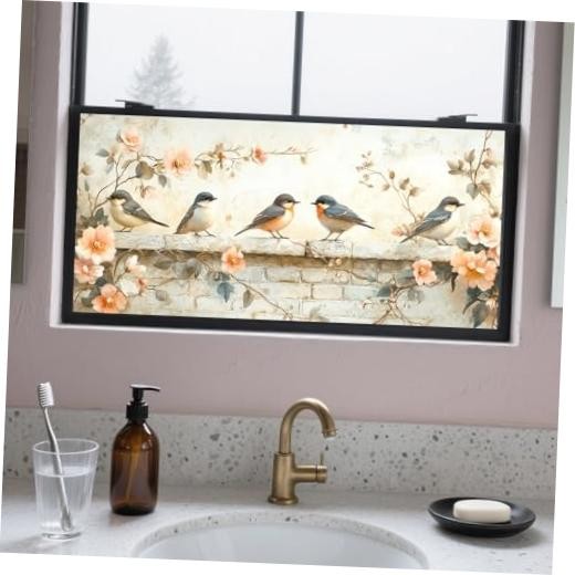 Privacy Window Film 39.3×17.7 Inch Static Cling Vintage Birds With Flowers