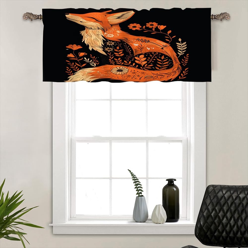 1 Panel Fox Floral Plants Valances for Windows, Glam Rustic Animal Fantasy Ro…