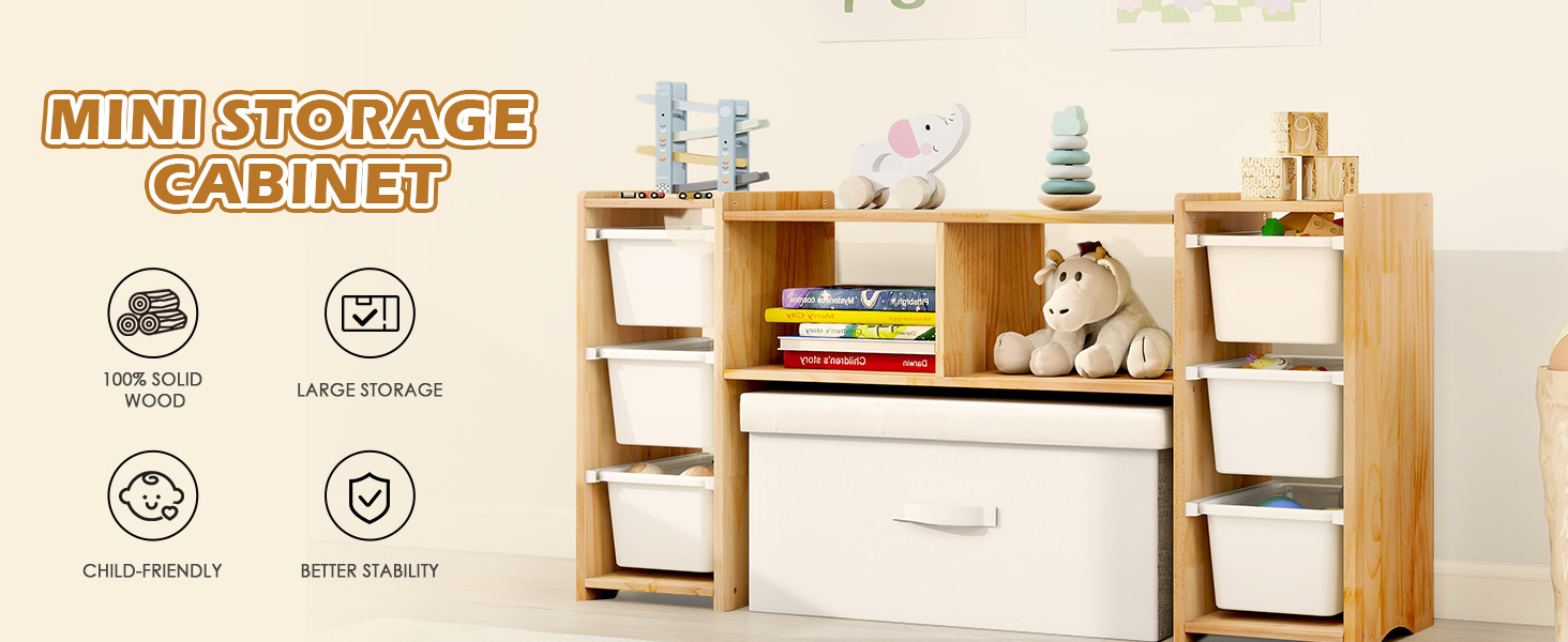 Montessori Shelf for Kids – 100% Solid Pine Wood with 6 Removable Plastic Bins,