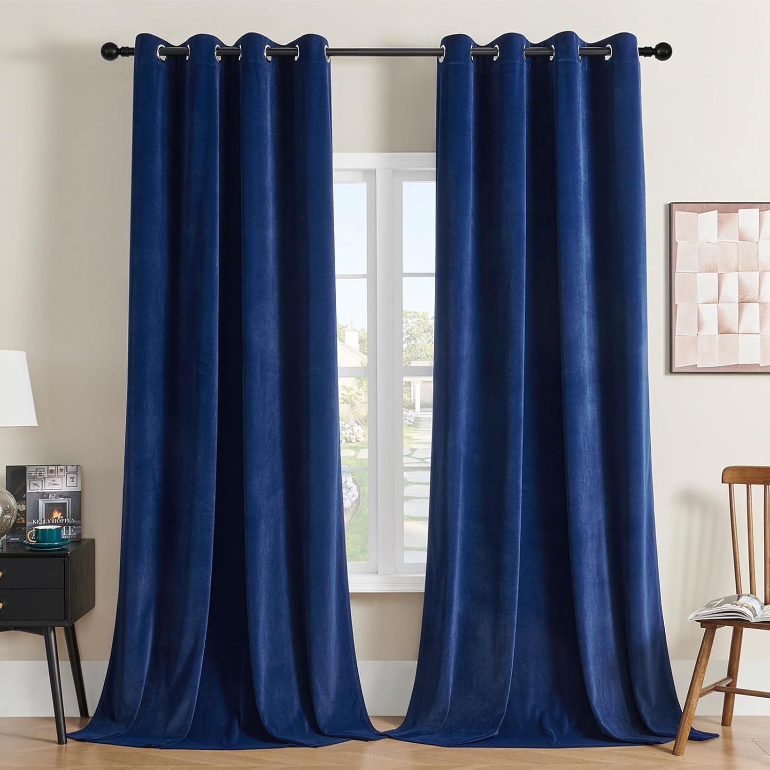 Royal Blue Velvet Curtains 96 Inches Long Luxury Grommet Blackout Curtain 2 Pane