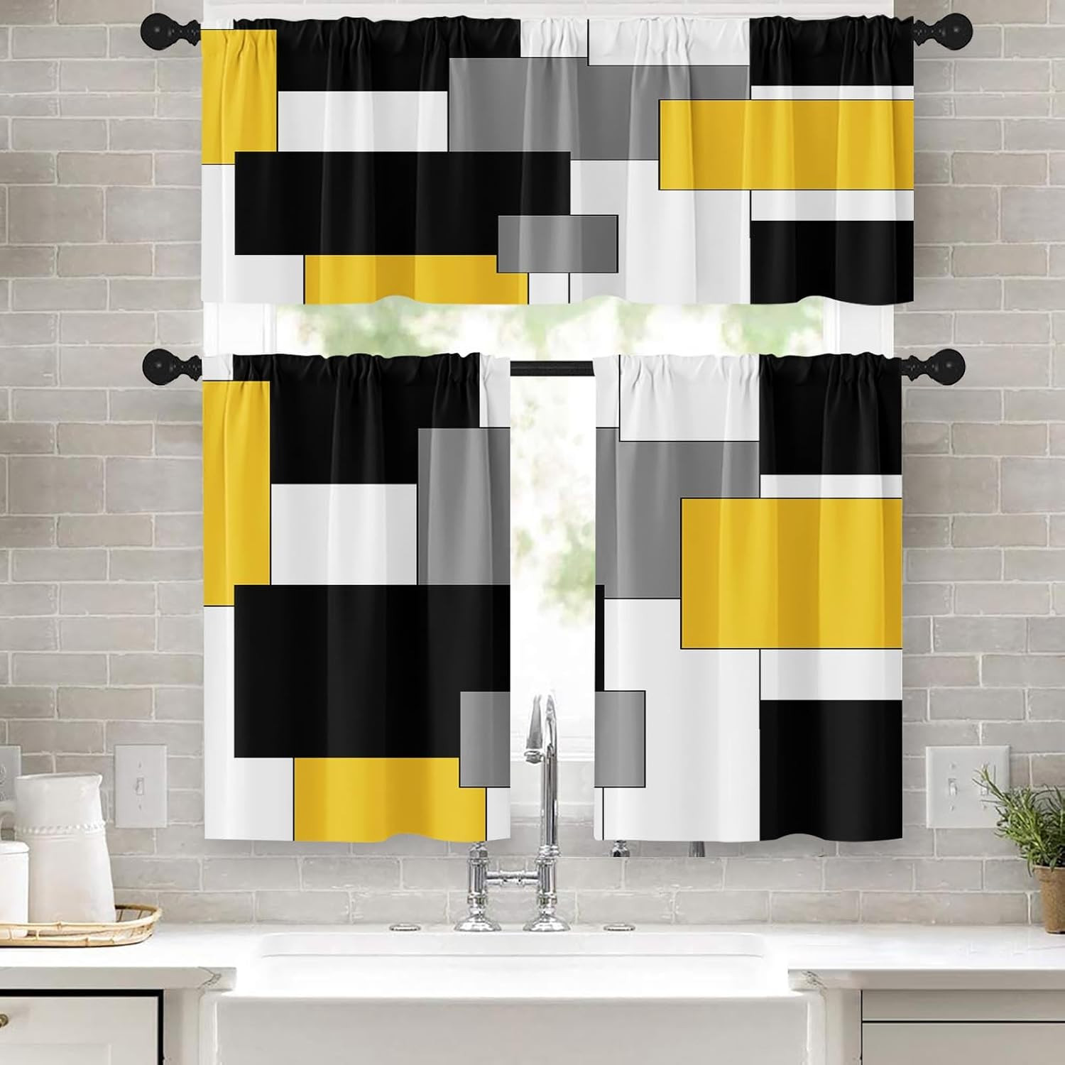 Black White Gray Kitchen Window Curtains Valance and Tier Set 36 Inch, Dark Grey