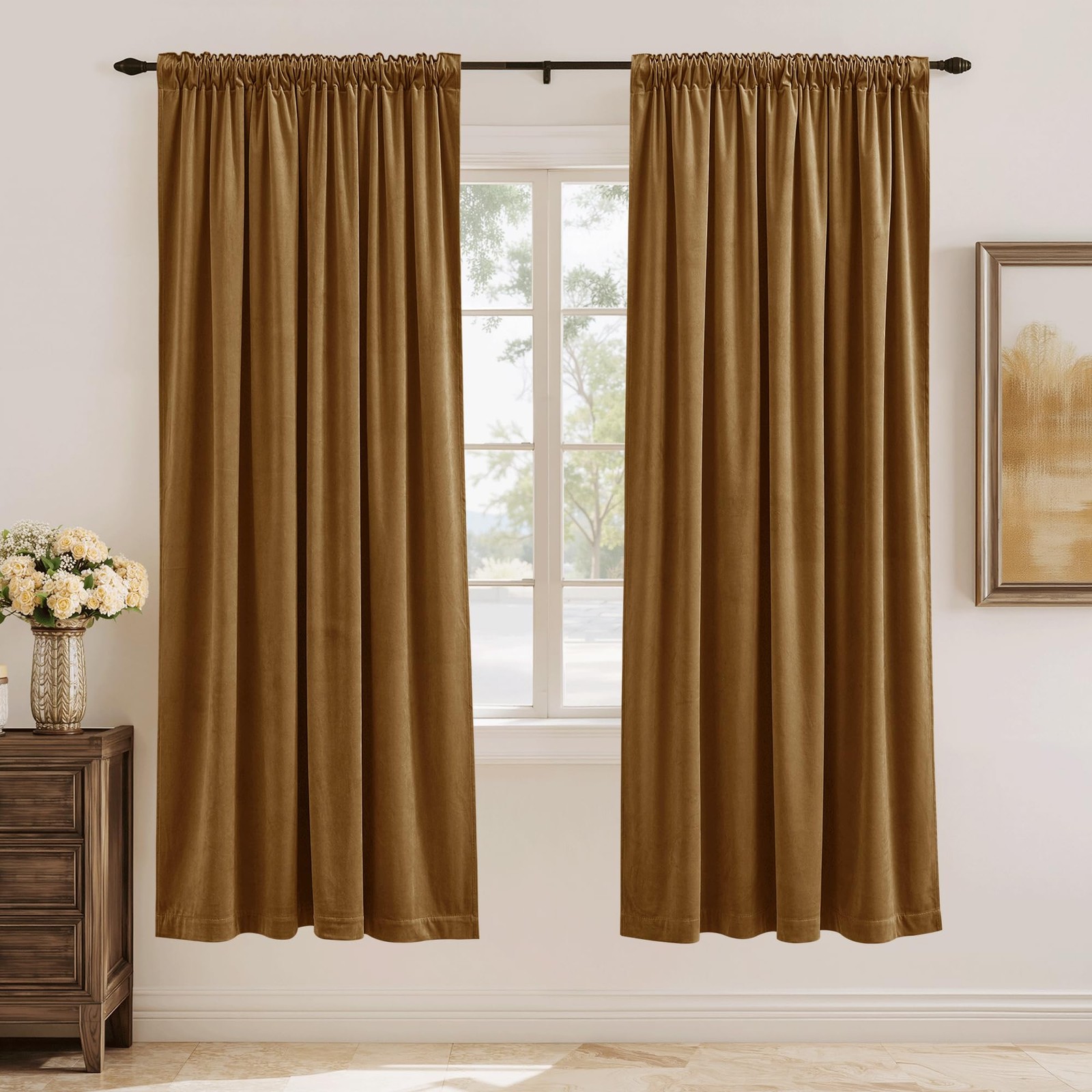 Velvet Curtains Gold Brown Thermal Insulated Room Darkening Drapes for Bedroo…