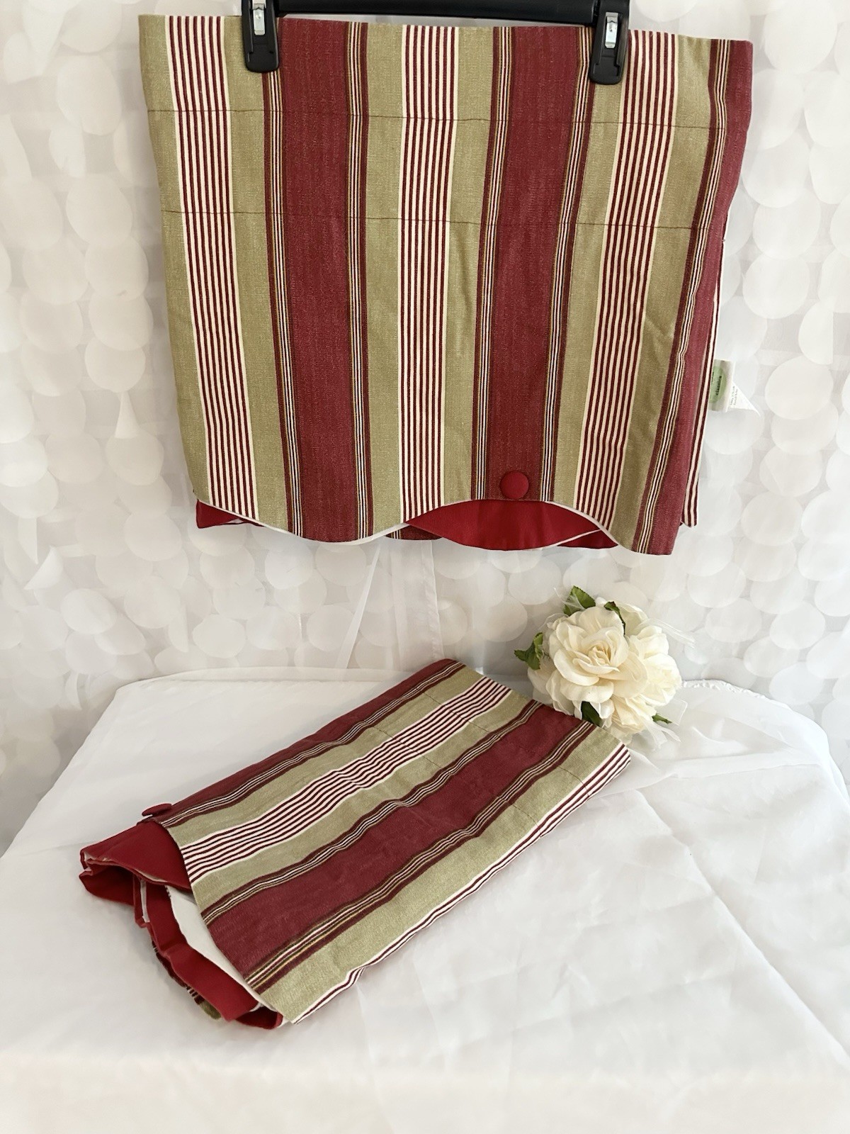 Waverly Yacht Club Crimson Red Tan Stripe Button Scallop Valances (2) 17 X 75 In