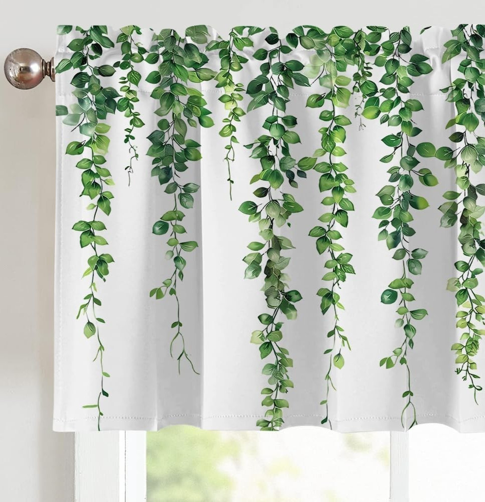New-4 Window Valances, White with Green Leaf Vines 54″W X 18″L – holds 1-3″ rod