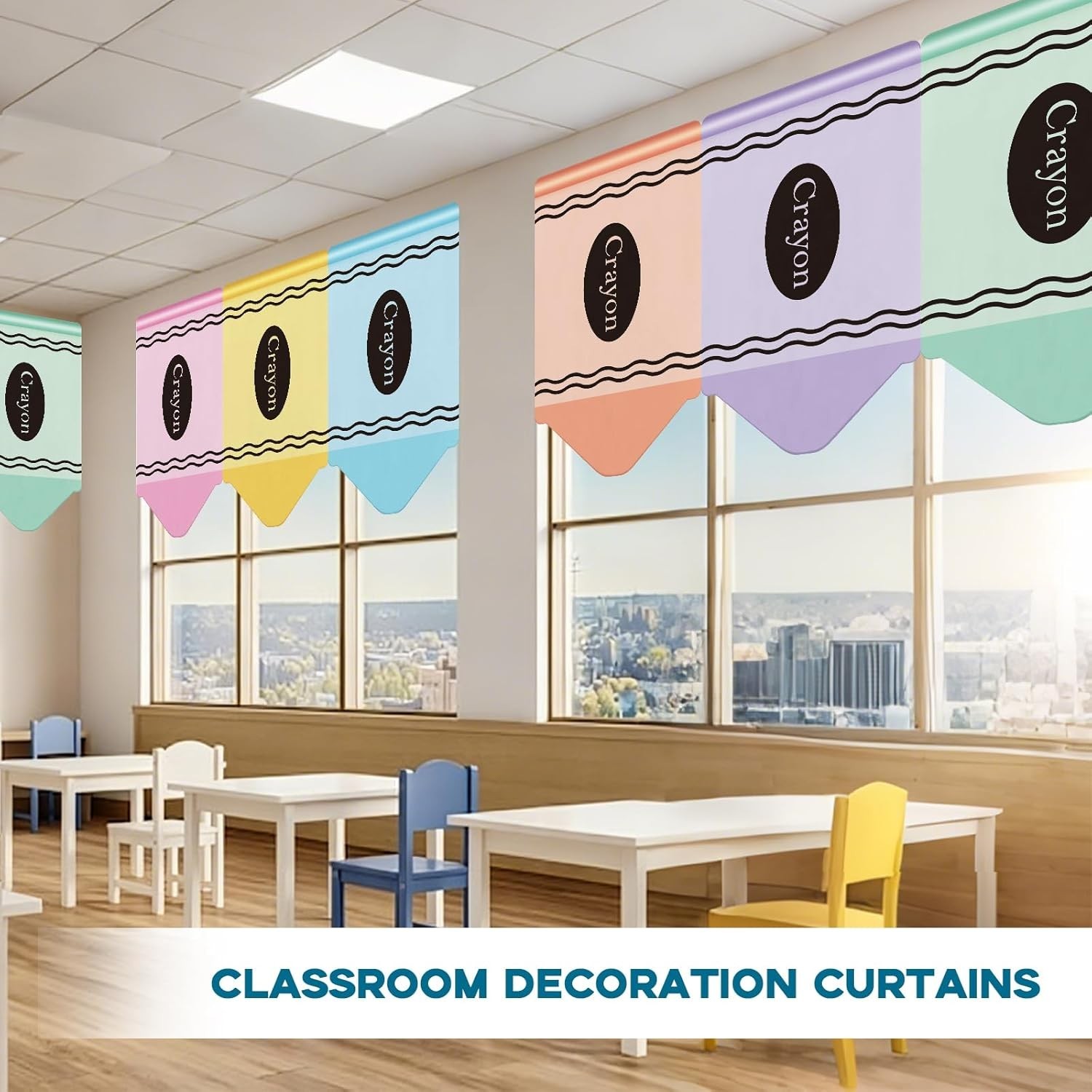 6 Pcs Back to School Classroom Curtains – Rainbow Colorful Crayon Shaped Wind…