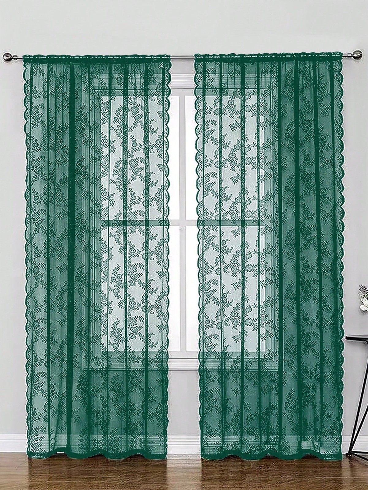 Green Floral Lace Sheer Curtain Panel 59Wx118L 150x300cm For Window