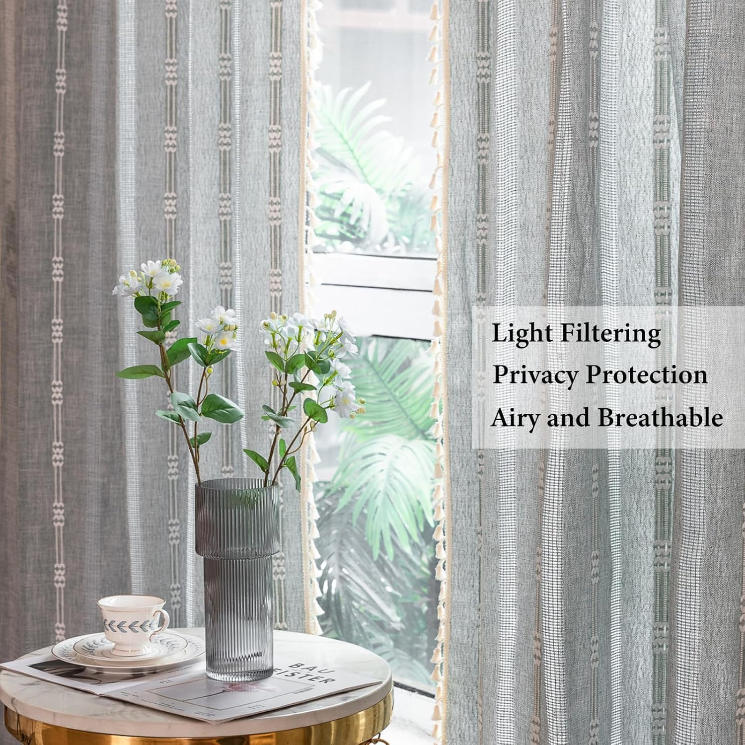Boho Linen Curtains Set – 63″ 84″ 96″ Light Filtering Embroidery, Blue