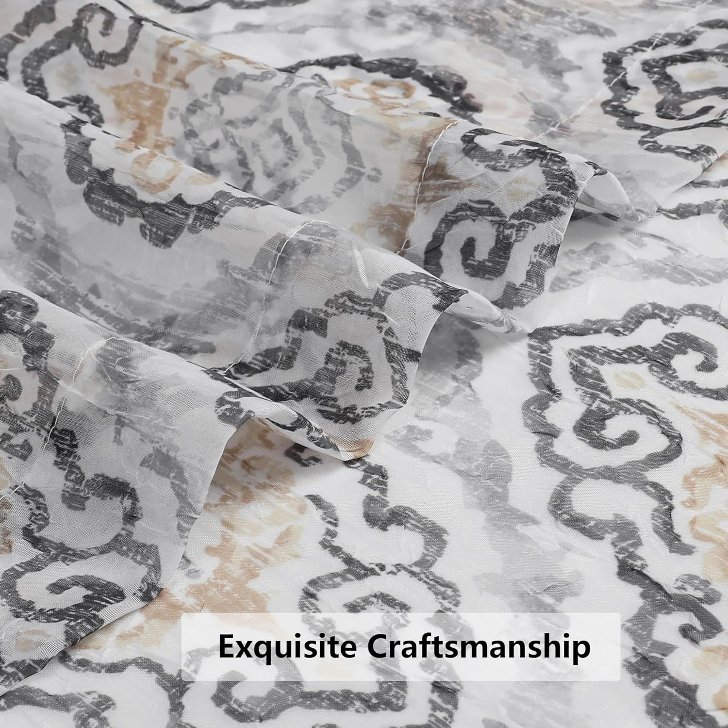 Printed Sheer Curtains 84 Inches Long 2 Panels Set, Light Filtering Crinkle Crus