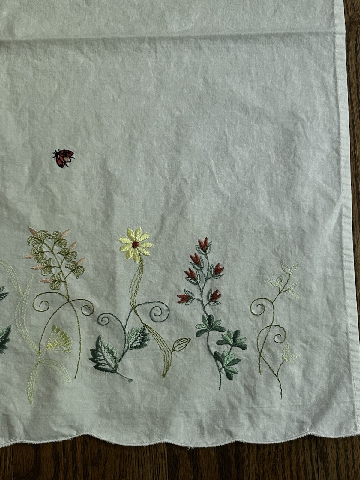 Cottage Style Hand Embroidered Cafe Curtain Panels Floral Ladybug White Scallop