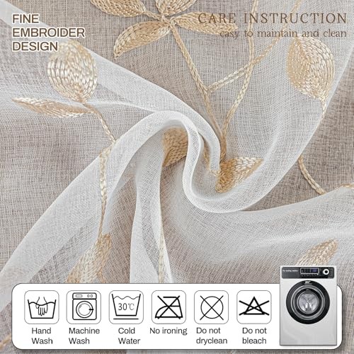 2 Panels Embroidered Leaf Pattern Semi 53″W x 84″L (Pack of 2) White Beige