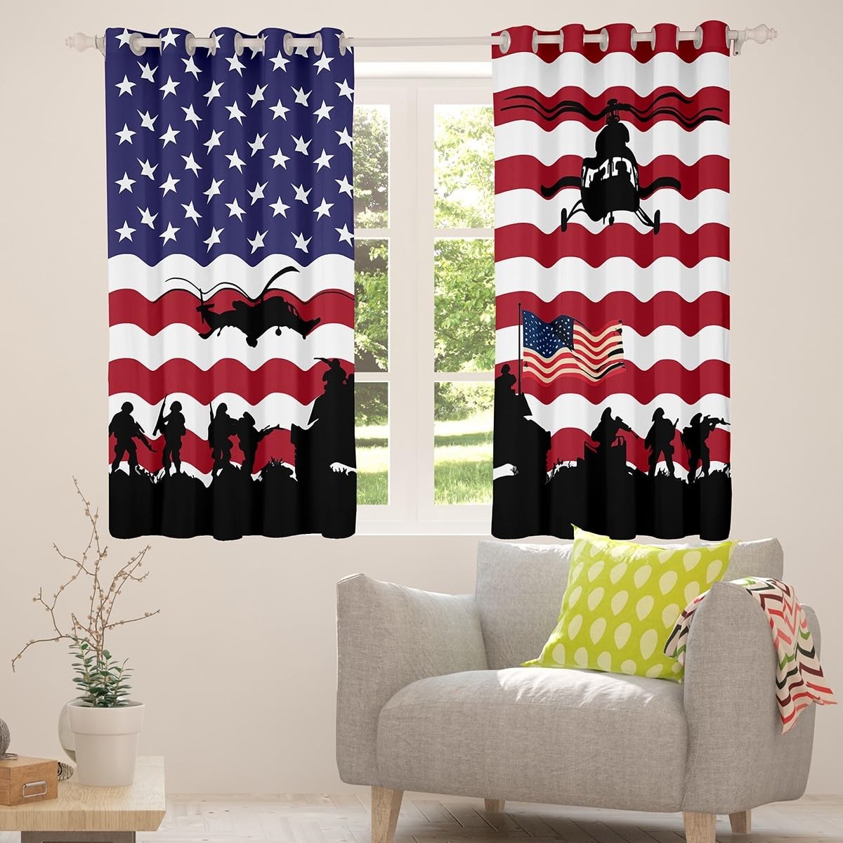 American Flag Curtain Boys Men Soldier Helicopter Tank Window Drapes Red Blue…