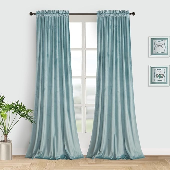 Eggshell Aqua Blue Velvet Room Darkening Insulated Curtains 2 Panel 90″L x 52″W