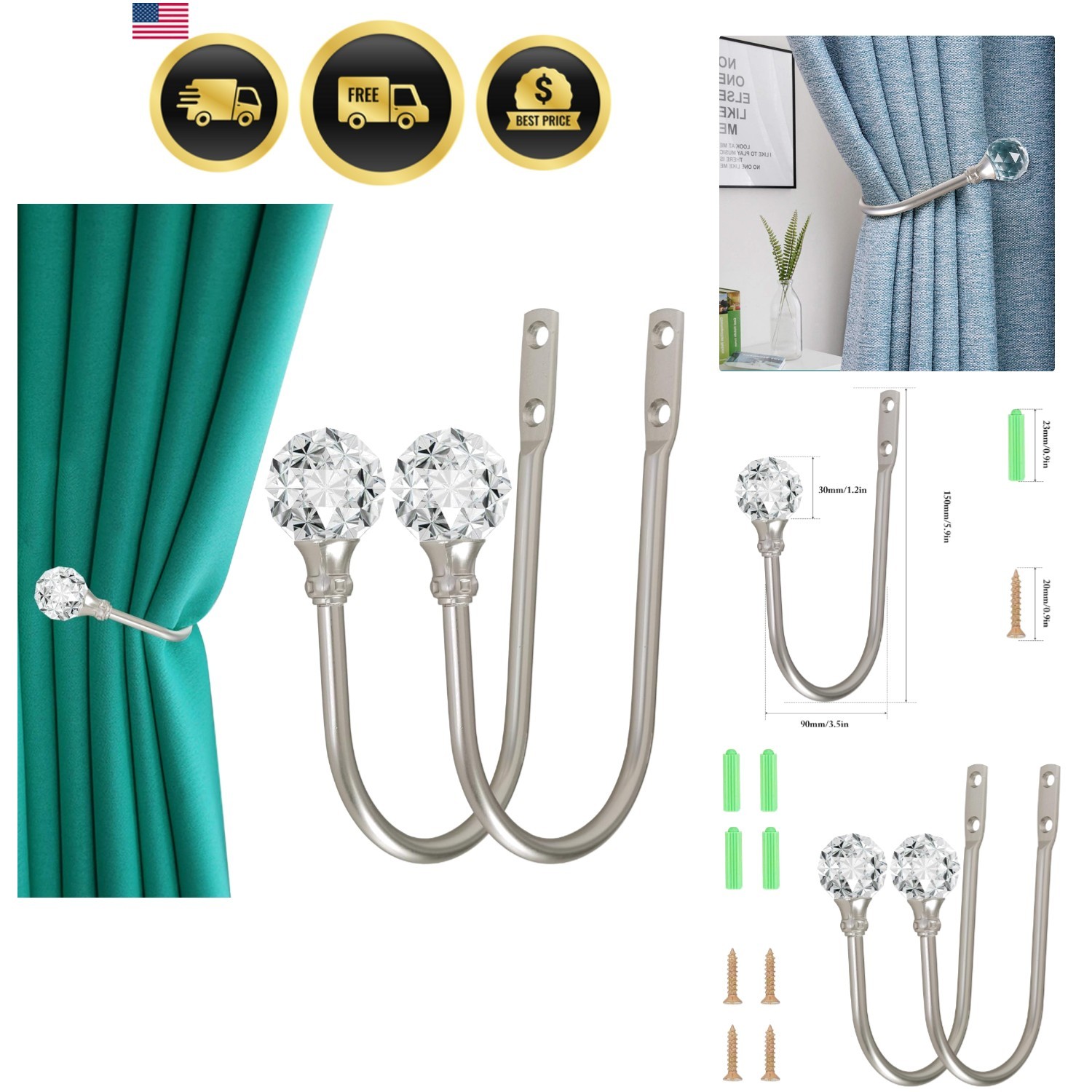 Curtain Holdback, 2pcs Wall Mounted Drapery Tiebacks with Clear Crystal Ball,…
