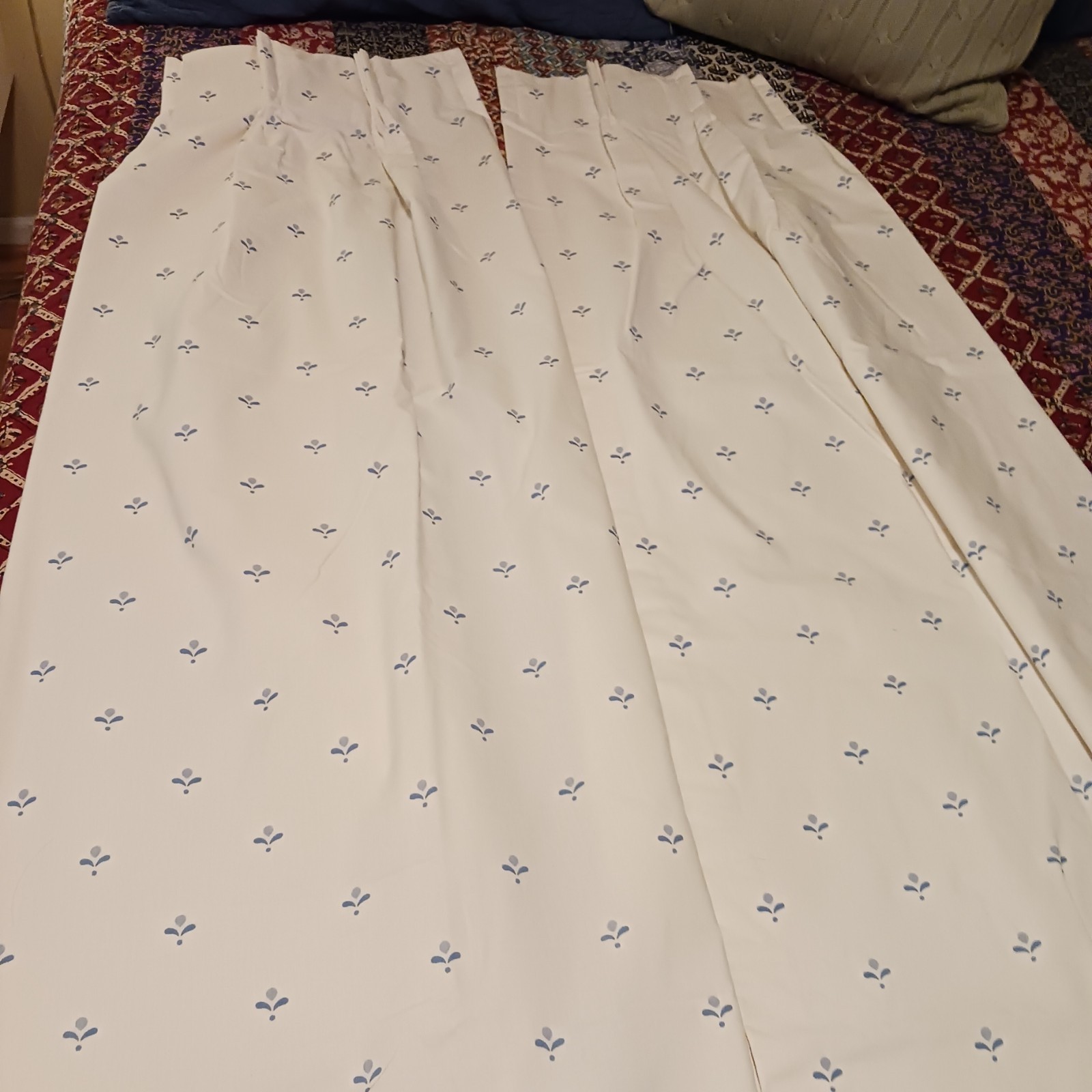 LAURA ASHLEY Bembridge Curtains Cream Blue Pinch Pleated Lined 1 Pair 2 Panels