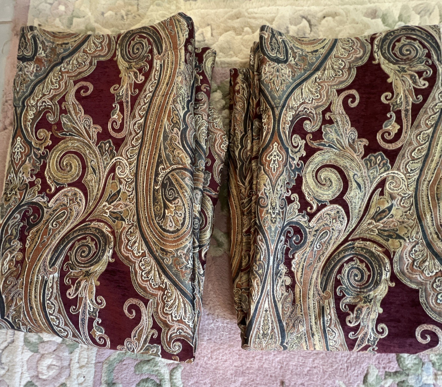 2 J. Queen Curtain Panels Maroon Blue Tan Paisley Swirls 85”x49” Lined Weighted