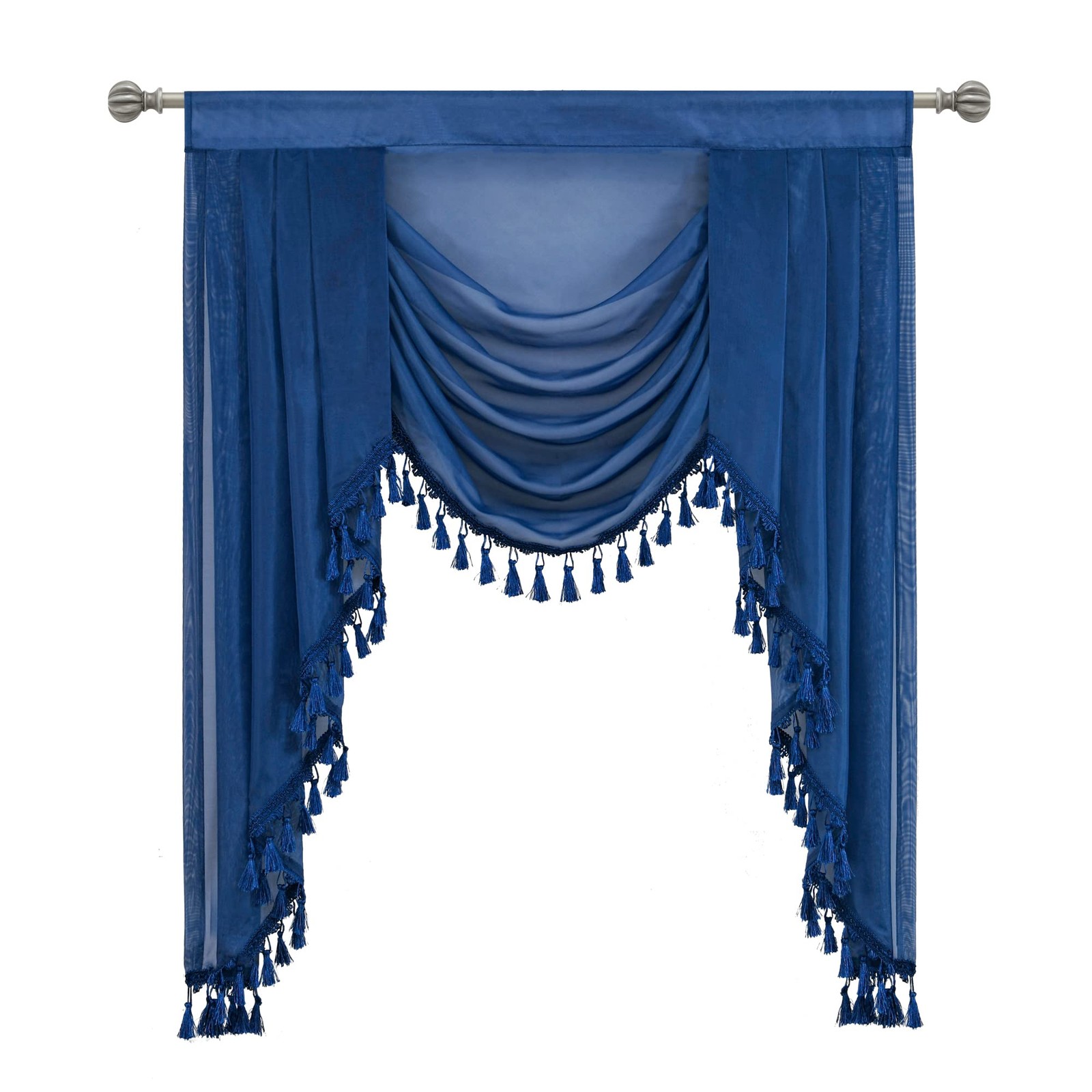 Oyring Navy Blue Waterfall Sheer Window Valances For Living Room Decor Tassels