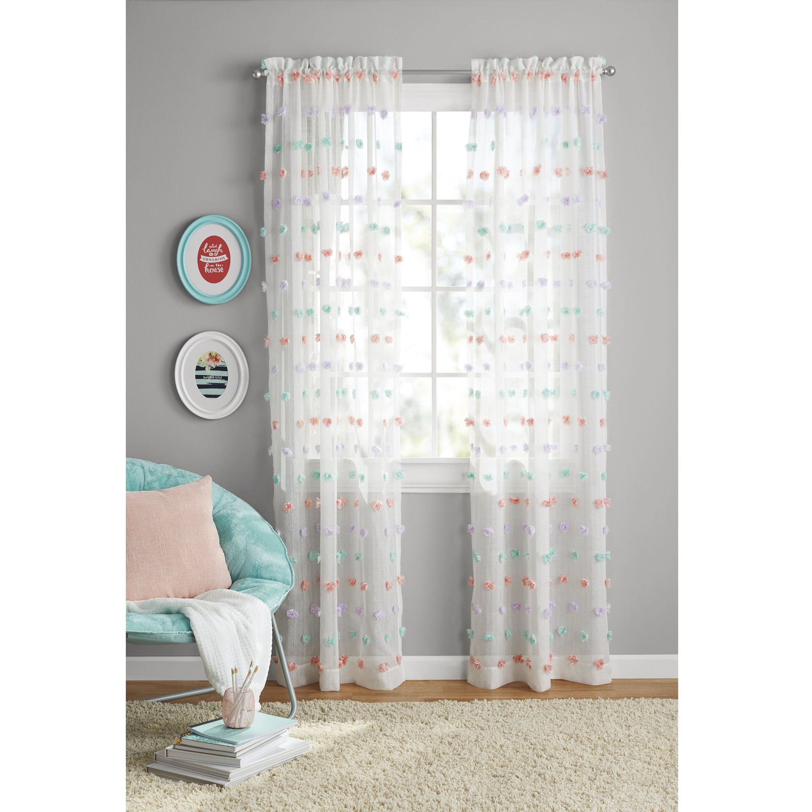 Your Zone Pom Pom Girls Bedroom Single Curtain Panel, 38″ W x 84″L, Multicolor