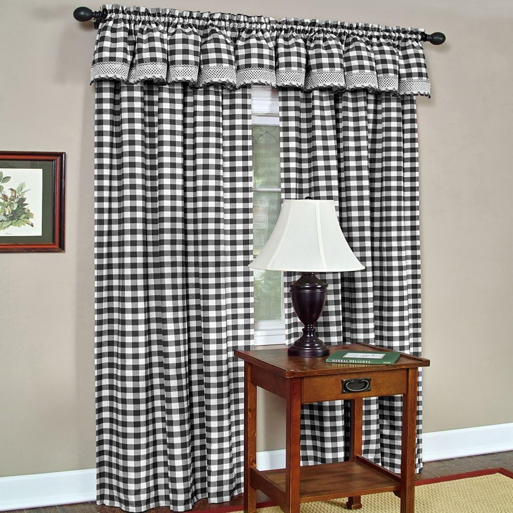 Buffalo Check Panel Window Curtain – 42 Inch Width, 84 Inch Length – Black & Whi