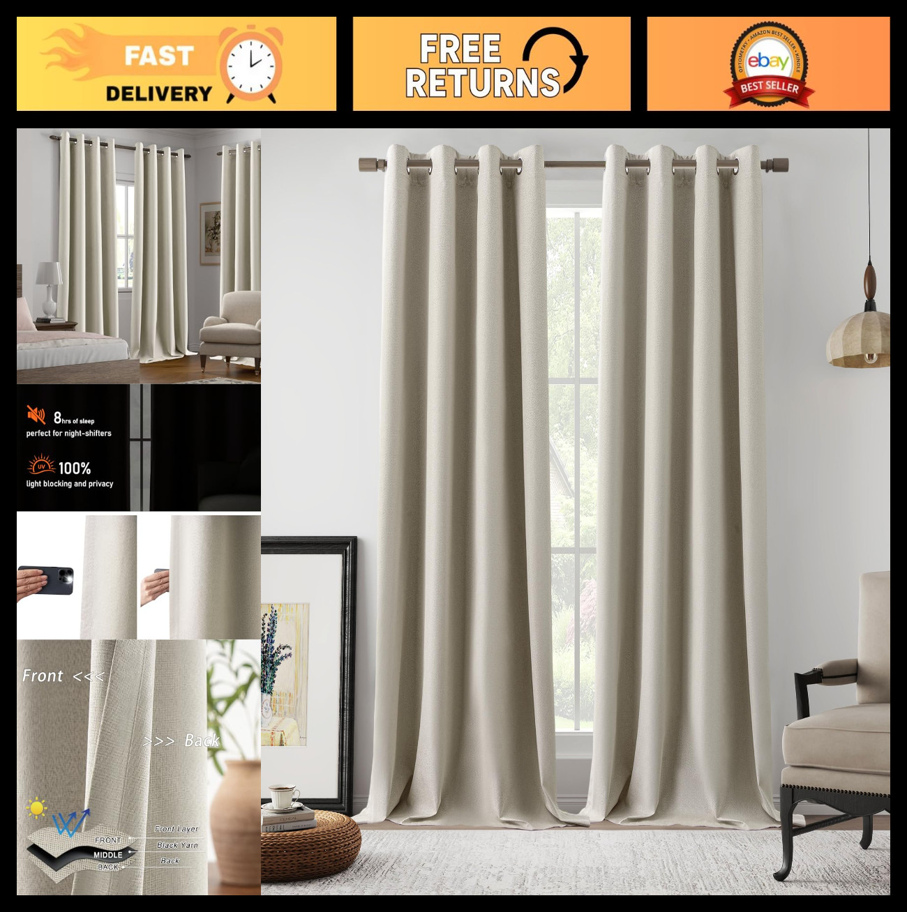 120″ Full Blackout Grommet Curtains for Large Windows, Noise Reducing Thermal Dr