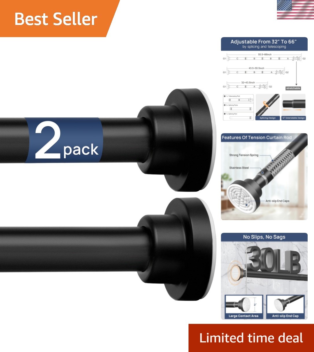 2 Pack Adjustable Spring Tension Curtain Rods 32 to 66 Inches, Stainless Stee…