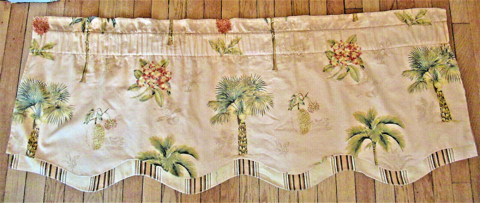 ECHO Scalloped 2 Layer Valance Palm Tree Floral Stripe Gold Green Rust 56″ X 21″