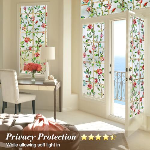 Stained Glass Window Privacy Film:3D Rose Bathroom 16.9 x 39.4IN Red