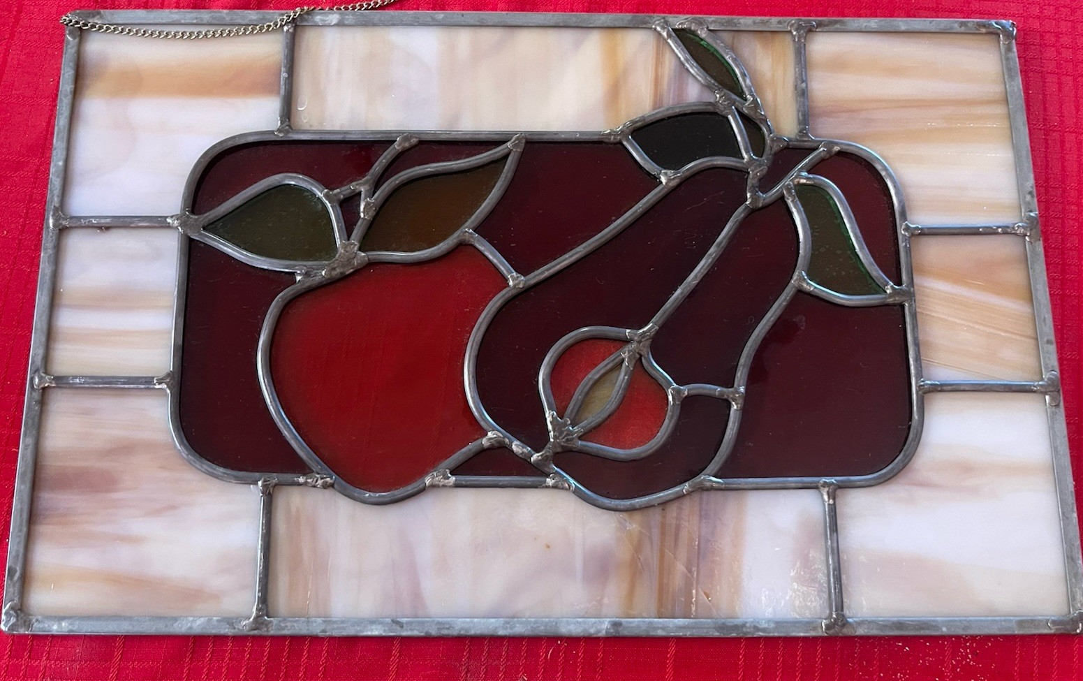 Stained Glass Suncatcher Red Apple & Pear Window Art Decor 15″ X 10″ Vintage