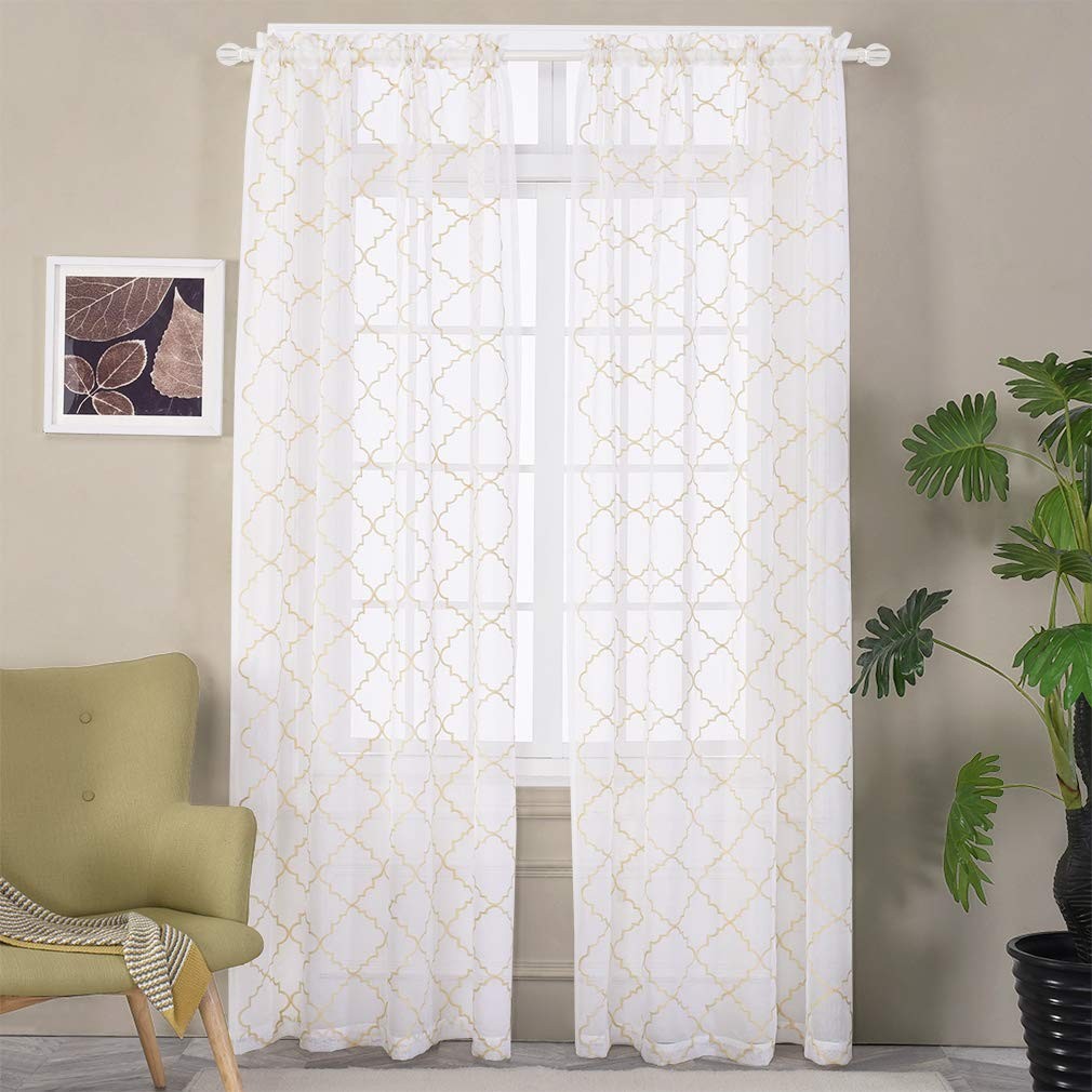 Embroidered Moroccan Tile Lattice Design Gold Sheer Curtains 84 Inch Long, Ro…