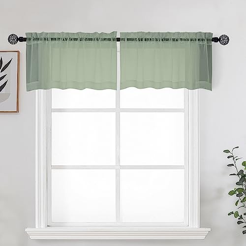Sage Sheer Kitchen Valance for Windows Set 42″W x 14″L (Pack of 2) Sage Green