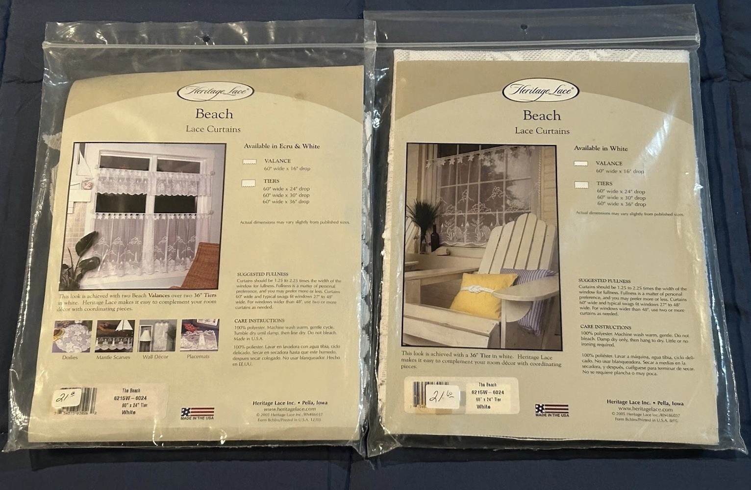 2 Heritage Lace Curtains: Beach Pattern: 60”x 24” Tiers… White.. New