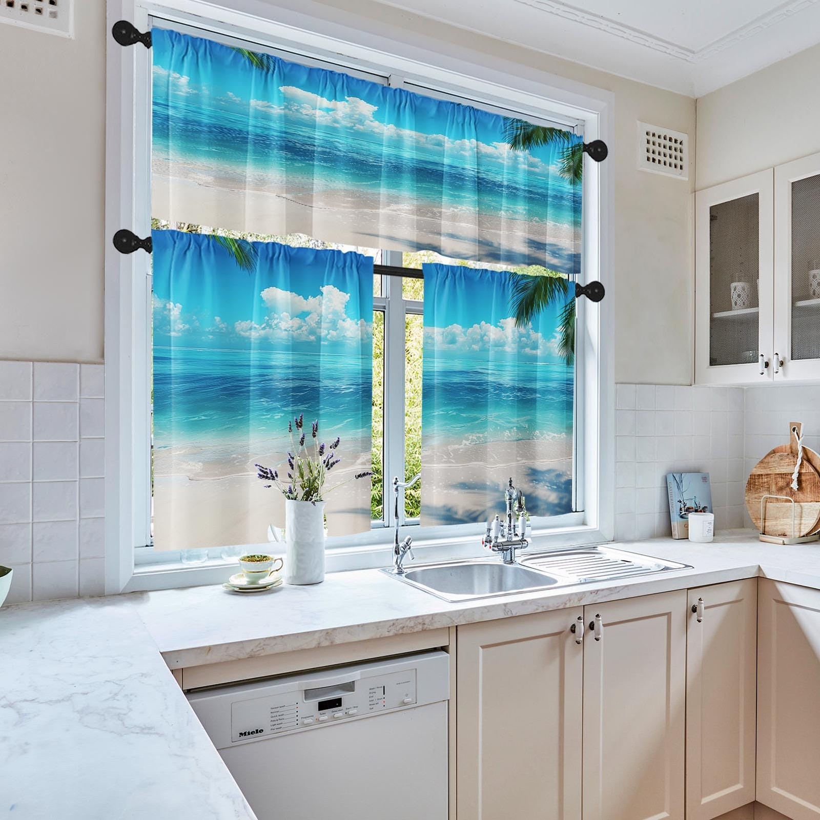 Beach Kitchen Curtains Tropical Palm Window Curtains Valance And Tier Set 36 Inc