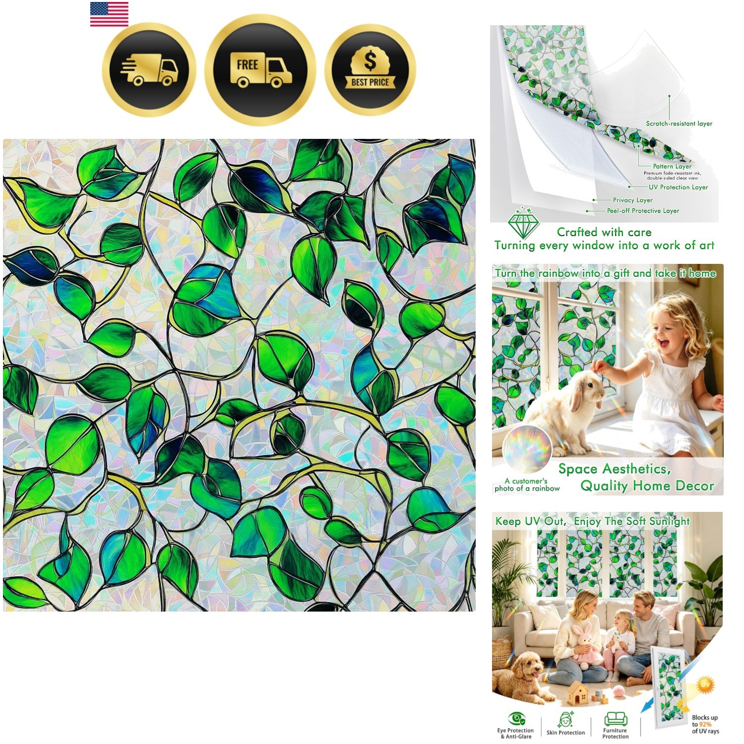Rainbow Window Privacy Film,Heat Control,UV Blocking,Anti-Glare,Day & Night P…