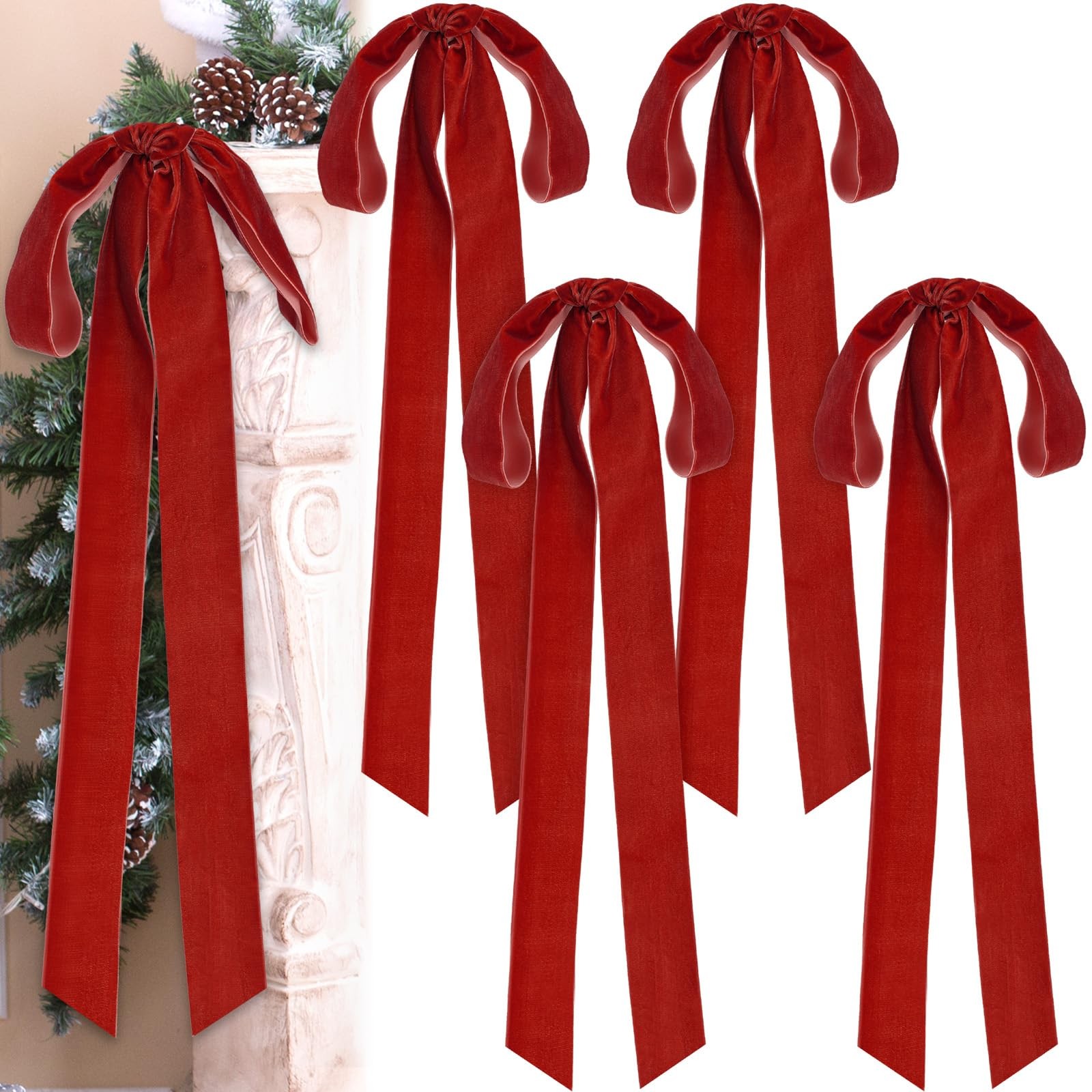 6 Pcs Red Velvet Christmas Bows 23.6 x 8.7 Inches Large Velvet Christmas Stai…