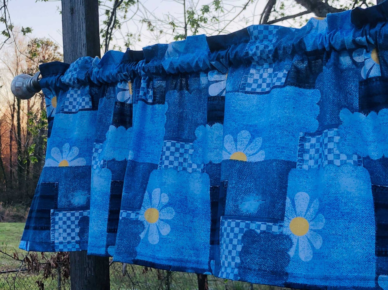 Blue Patchwork Valance Daisy Wildflower Boho Kitchen Farmhouse Curtain t10/3