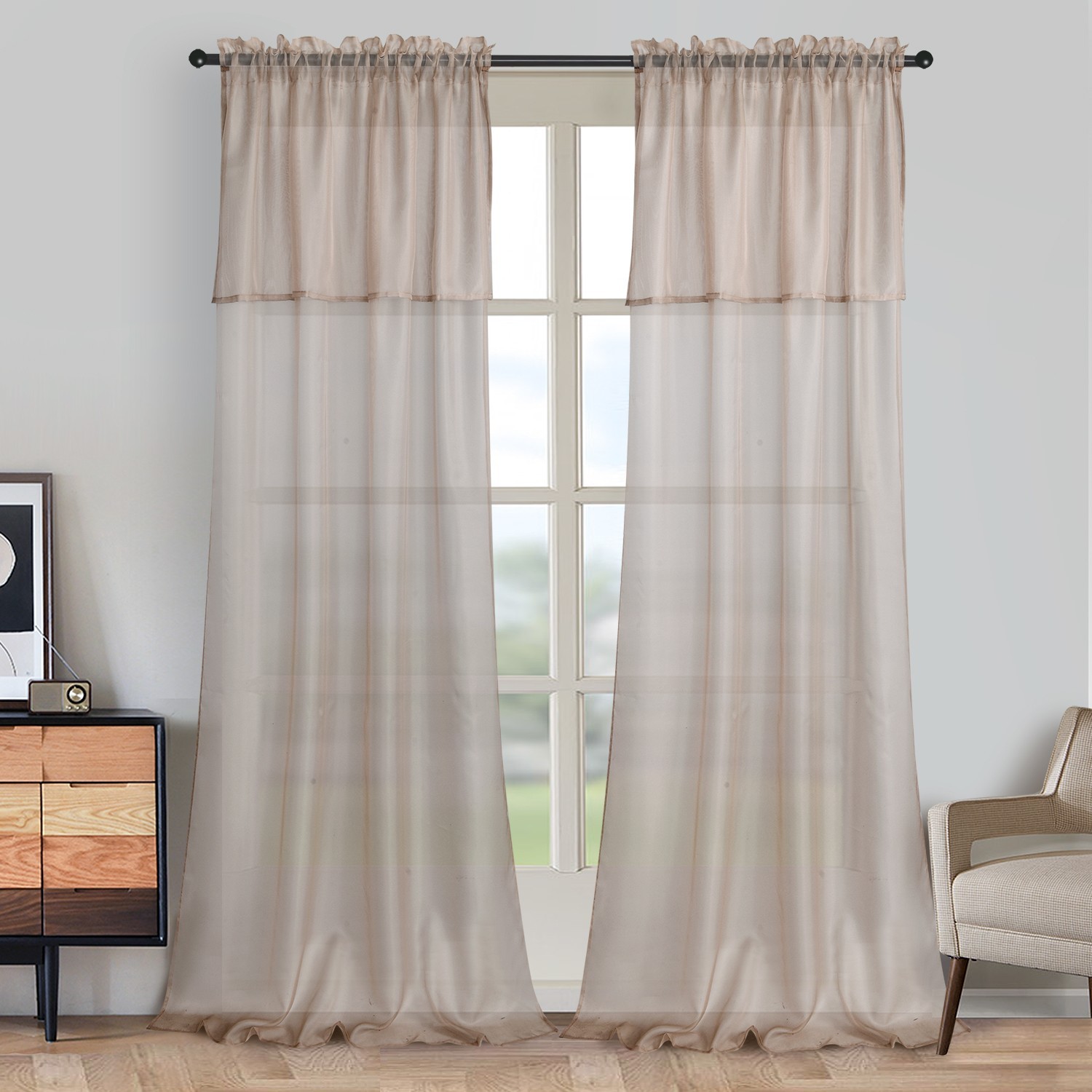 2 Panels Basic Rod Pocket Sheer Curtains with Attached Valance, Voile Drapes