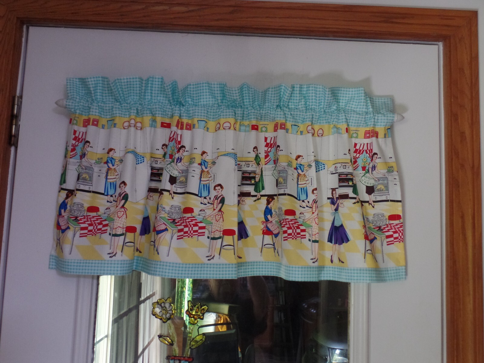 1950’s RETRO Kitchen Valances, Home Ec, Women Working In Aprons In Kitchen, Aqua