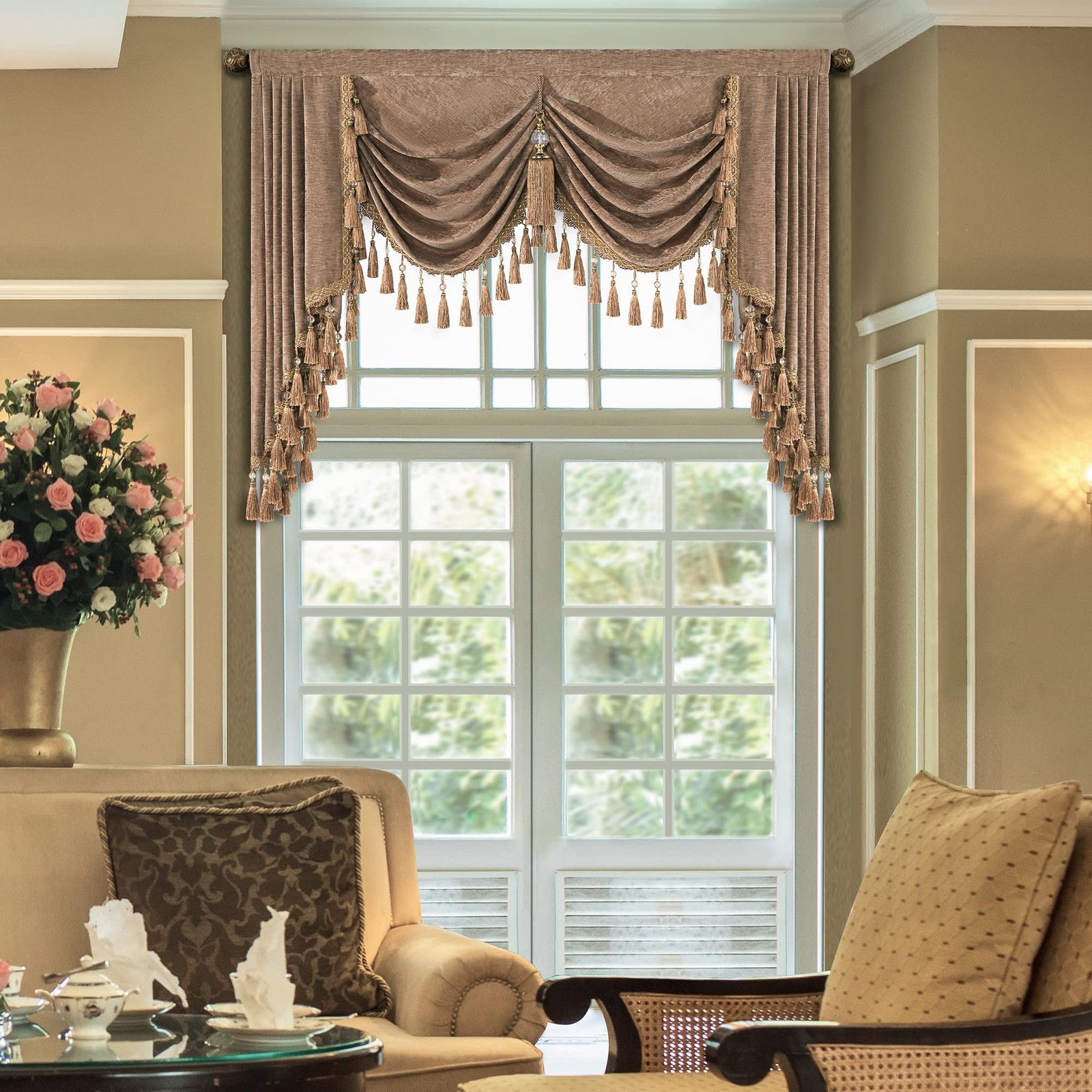 Thick Chenille Waterfall Valance for Living Room, Luxury Swag Valances with