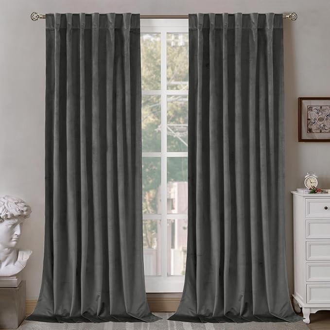 2 Panel Velvet Curtains 52×84 in. In Dark Gray with Multi-Purpose Fabric Strap