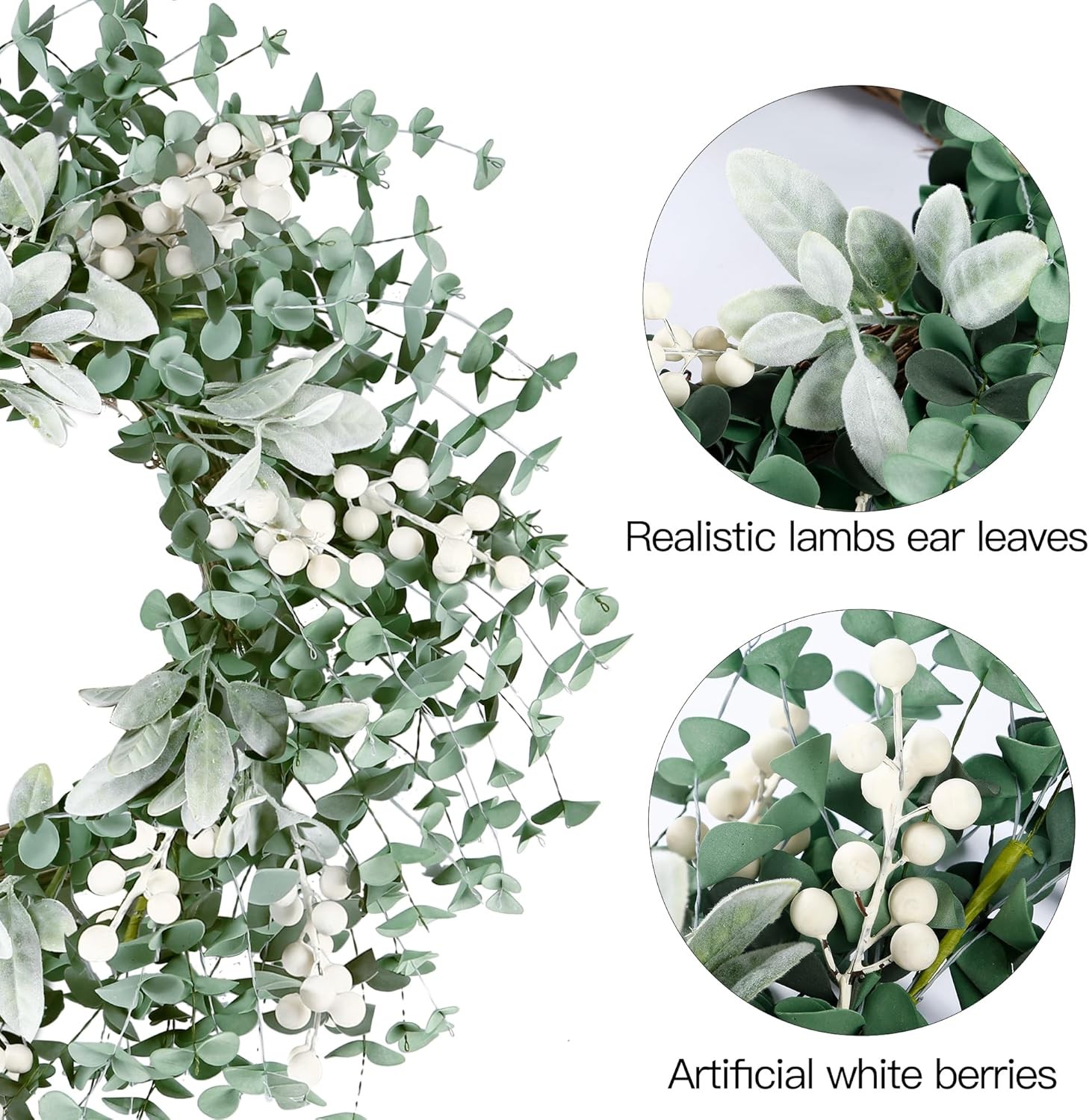 Sggvecsy Artificial Greenery Leaves Boxwood Wreath with White Berries – Green