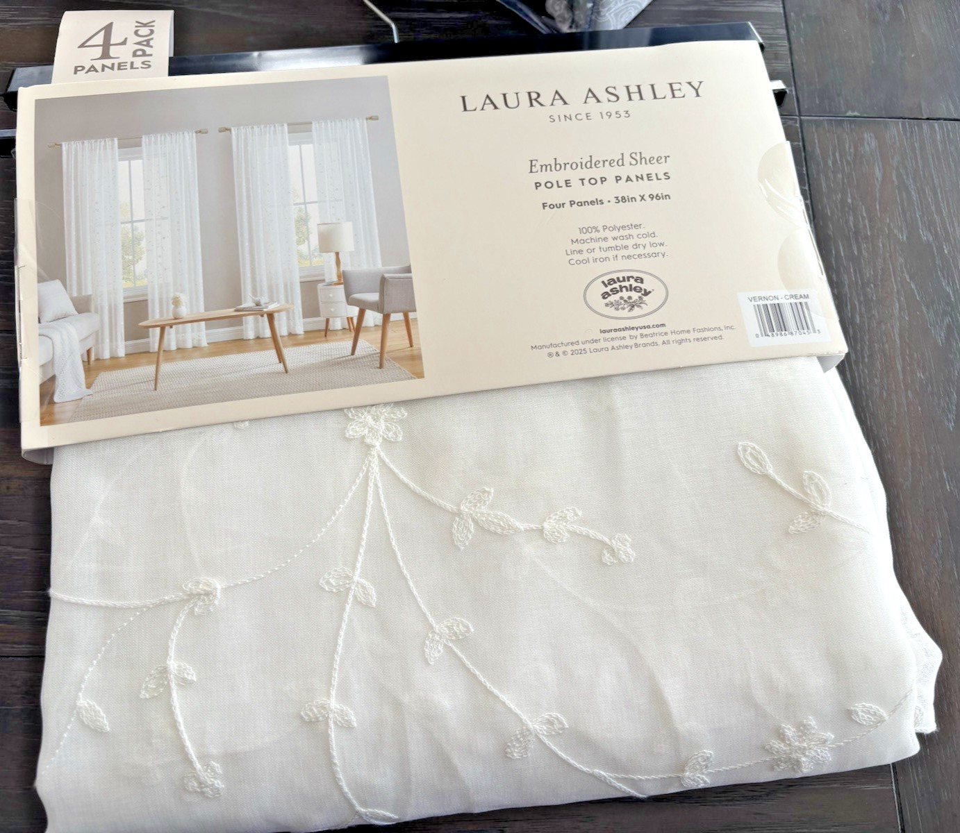 Laura Ashley Window Curtains 4 FOUR Panels 38 x 96 Sheer White Cream Embroidered