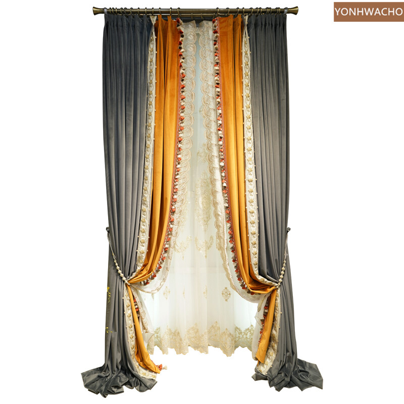 luxury thick velvet dark gray orange embroidery cloth blackout curtain C618