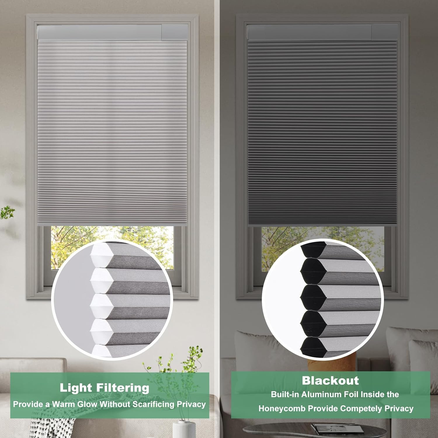 No Drill Cellular Shades for Indoor Windows, Thermal Insulating & Noise Reducing